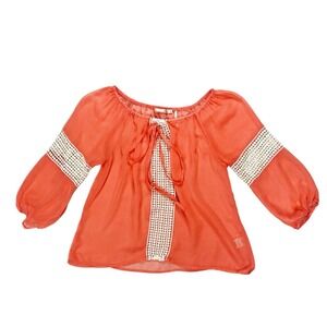 Have Crochet Lace Polka Dot Blouse Womens Small Coral Boho Tie Front Cottagecore